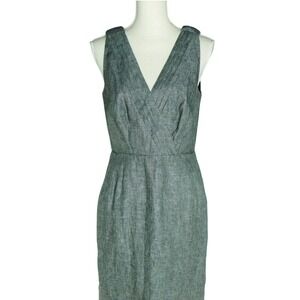 Banana Republic 100% Linen V-Neck Sheath Dress Gray Chambray Women's Size 6‎